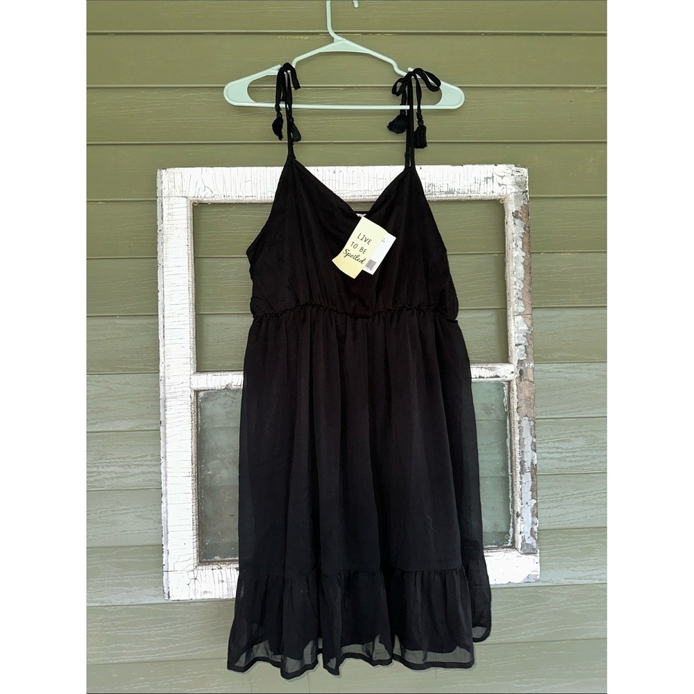 Live To Be Spoiled Black Tie Shoulder Tassel Ruffle Chiffon Dress Womens 1X NWT